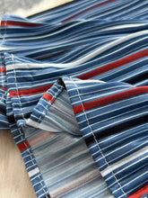 Full size striped patchwork denim skirt plus size featuring blue red and white striped patchwork fabric with subtle sheen
