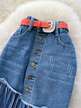 Full size striped patchwork denim skirt plus size in blue with front button closure frayed hem and orange belt