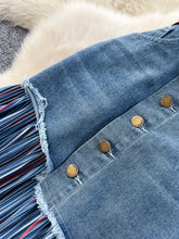 Full size striped patchwork denim skirt plus size in blue with frayed hem colorful striped fringe and gold-tone buttons