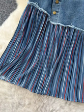 Full size striped patchwork denim skirt plus size with denim bodice gold-tone buttons and frayed hem detailing