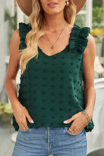 Emerald green full size swiss dot sleeveless top with ruffled shoulders and textured dotted pattern