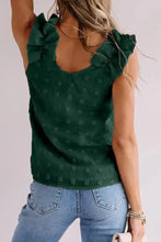 Dark green full size swiss dot v-neck neck tank with ruffled shoulder details and subtle textured pattern