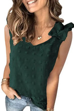 Dark green sleeveless size swiss dot tank with textured pattern and large bow on shoulder full size swiss dot v neck tank