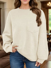 Full size texture round neck long sleeve sweatshirt in beige waffle knit