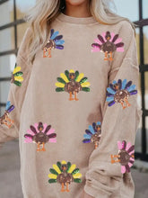 Beige corduroy full size turkey graphic baggy sweatshirt plus size with colorful sequined appliqués machine wash cold