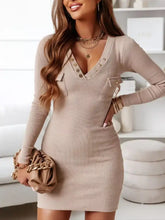 Beige ribbed knit v-neck sweater dress with silver studs plus size
