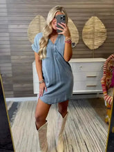 Light blue short sleeve denim dress with flutter sleeves and v neck full size plus size denim dress