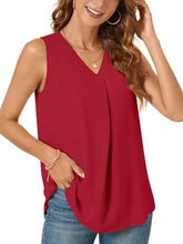 Full size plus size red sleeveless tank top with v neck flowing lightweight fabric and subtle side pleats