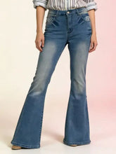 Full size vintage wash high-waisted blue denim flare jeans with classic five-pocket design plus size vintage wash flare jeans