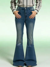 Dark blue denim full size vintage wash high waisted flare jeans with classic stitching and plus size fit