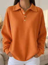 Full size orange waffle knit long-sleeved polo shirt with white buttons machine wash safe plus size waffle knit garment