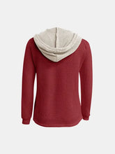 Red waffle-knit contrast long sleeve hoodie with cream hood