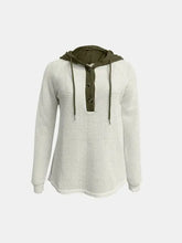 White waffle-knit contrast long sleeve hoodie with olive green hood