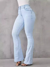 Light-wash denim high-waisted flare jeans with classic stitching in full size wash for plus size fit