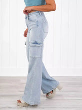 Full size wash wide leg cargo jeans in light-wash denim with wide legs and multiple pockets in plus size design