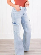 Light-wash denim full size wash wide leg cargo jeans plus size with flared leg and visible stitching details