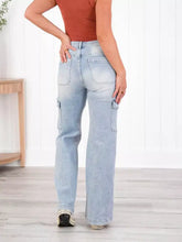 Light-wash size wash wide high-rise cargo jeans with wide leg fit designed for plus size comfort and style