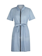 Light blue full size zip front short sleeve denim dress with collar and tied waist belt plus size sleeve denim dress