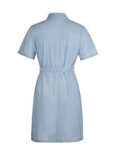 Light blue full size zip front denim dress with short sleeves and belted waist plus size sleeve denim dress