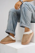 Comfortable furry round toe platform slippers in light brown suede with faux fur lining