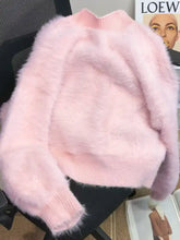 Fuzzy bow button-up cardigan in soft fluffy pink with rhinestone bows