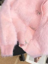 Fuzzy Bow Button Up Cardigan in soft pink with rhinestone bow buttons