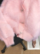 Fuzzy bow pink cardigan with rhinestone bow buttons, soft fluffy knit