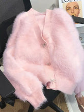 Fuzzy Bow soft pink fluffy knit cardigan with rhinestone bow buttons