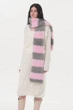 Women’s off-white midi dress with fuzzy contrast striped scarf and boots