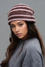 Fuzzy contrast striped thermal hat in brown and pink stripes