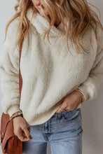 Cream-colored fuzzy dropped shoulder long sleeve hoodie with ribbed cuffs