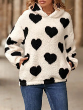 White fuzzy heart pocketed dropped shoulder hoodie