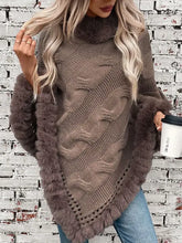 Fuzzy Hem Cable-Knit Poncho Mocha One Size Woman Outerwear