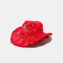 Red fuzzy snowflakes polyester hat with gold embroidery cowboy style