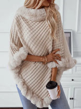 Fuzzy Trim Texture Three-Quarter Sleeve Poncho Beige One Size Woman Outerwear