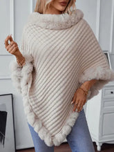 Fuzzy Trim Texture Three-Quarter Sleeve Poncho Woman Outerwear