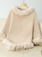 Fuzzy Trim Texture Three-Quarter Sleeve Poncho Woman Outerwear