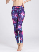 Galaxy Print Leggings with Blue Trim for Women Purple