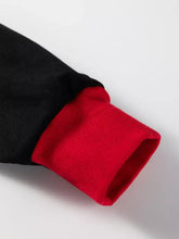 Black and red slightly stretchy ribbed knit cuff on game day baggy sweatshirt designed for machine wash cold