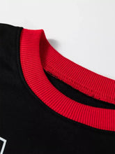Black game day baggy sweatshirt with vibrant red ribbed collar slightly stretchy and machine wash cold safe
