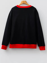 Black game day sweatshirt with red ribbed trim slightly stretchy baggy fit machine wash cold care