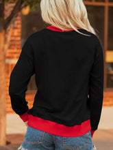 Black game day long-sleeved sweatshirt with red trim, slightly stretchy fabric, machine wash cold, varsity striped detail