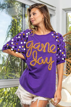 Game Day Purple T Shirt with Metallic Letter Spangle Sleeves PURPLE GOLD Woman T Shirts