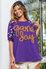 Game Day Purple T Shirt with Metallic Letter Spangle Sleeves Woman T Shirts