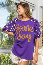 Game Day Purple T Shirt with Metallic Letter Spangle Sleeves Woman T Shirts