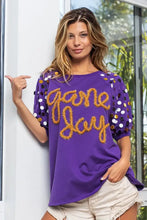 Game Day Purple T Shirt with Metallic Letter Spangle Sleeves Woman T Shirts