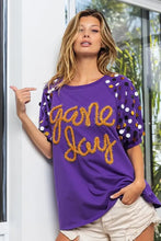 Game Day Purple T Shirt with Metallic Letter Spangle Sleeves Woman T Shirts