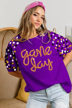 Game Day Purple T Shirt with Metallic Letter Spangle Sleeves Woman T Shirts