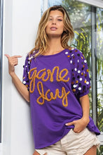 Game Day Purple T Shirt with Metallic Letter Spangle Sleeves Woman T Shirts