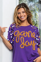 Game Day Purple T Shirt with Metallic Letter Spangle Sleeves Woman T Shirts